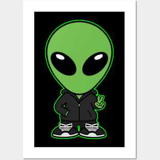 Space Alien Extraterrestrial Peace Hand Sign (Green) Posters and Art